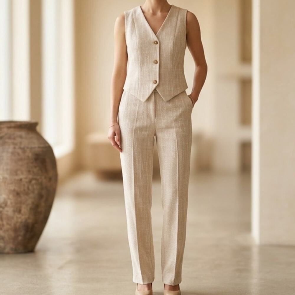 SHEIN 2 Piece Co-Ord Set Womens M Beige Tweed Vest & Wide Leg Pants Classic NWOT